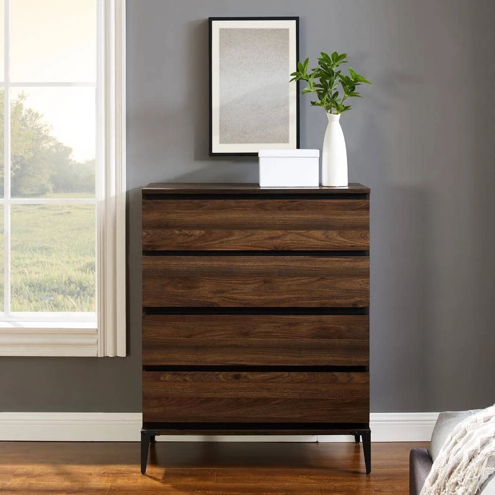 36 in. W. 4 Drawer Dark Walnut Wood Dresser with Angle Iron Legs by Welwick Designs 1 36 in. W. 4 Drawer Dark Walnut Wood Dresser with Angle Iron Legs by Welwick Designs
