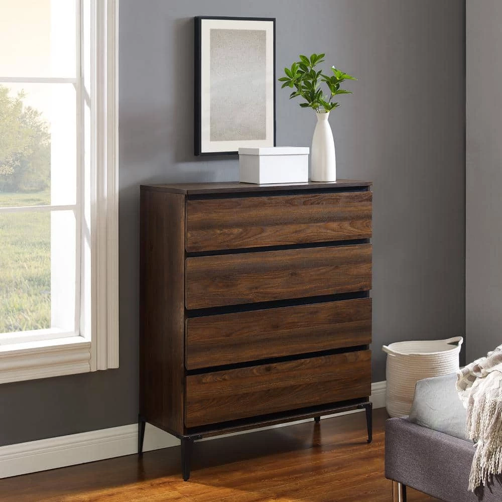 36 in. W. 4 Drawer Dark Walnut Wood Dresser with Angle Iron Legs by Welwick Designs 2 36 in. W. 4 Drawer Dark Walnut Wood Dresser with Angle Iron Legs by Welwick Designs - Image 2
