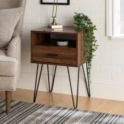 Modern Dark Walnut 1-Drawer Hairpin Leg Side Table by Welwick Designs -Deals Welwick Designs Store dark walnut welwick designs end side tables hd8132 31 1000