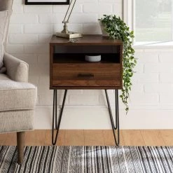 Modern Dark Walnut 1-Drawer Hairpin Leg Side Table by Welwick Designs