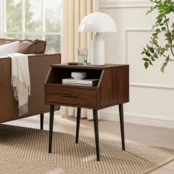 18 in. Dark Walnut Angled Rectangle Wood Modern End Table with 1-Drawer by Welwick Designs -Deals Welwick Designs Store dark walnut welwick designs end side tables hd9281 31 1000