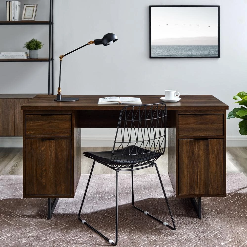 54 in. Rectangular Dark Walnut Wood and Metal 2-Drawer Double Sided Executive Desk by Welwick Designs 12 54 in. Rectangular Dark Walnut Wood and Metal 2-Drawer Double Sided Executive Desk by Welwick Designs - Image 12