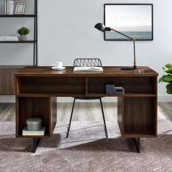 54 in. Rectangular Dark Walnut Wood and Metal 2-Drawer Double Sided Executive Desk by Welwick Designs