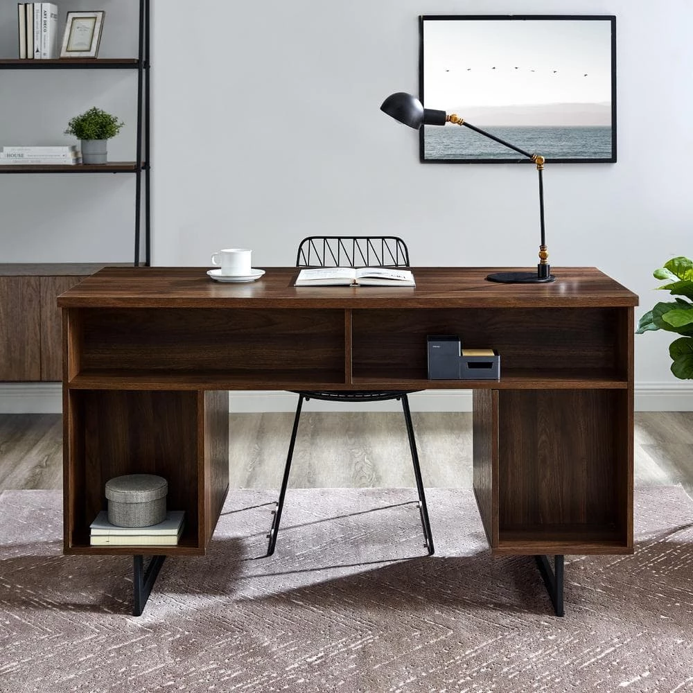 54 in. Rectangular Dark Walnut Wood and Metal 2-Drawer Double Sided Executive Desk by Welwick Designs 1 54 in. Rectangular Dark Walnut Wood and Metal 2-Drawer Double Sided Executive Desk by Welwick Designs