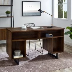 54 in. Rectangular Dark Walnut Wood and Metal 2-Drawer Double Sided Executive Desk by Welwick Designs 17 54 in. Rectangular Dark Walnut Wood and Metal 2-Drawer Double Sided Executive Desk by Welwick Designs -Deals Welwick Designs Store dark walnut welwick designs executive desks hd8685 66 1000