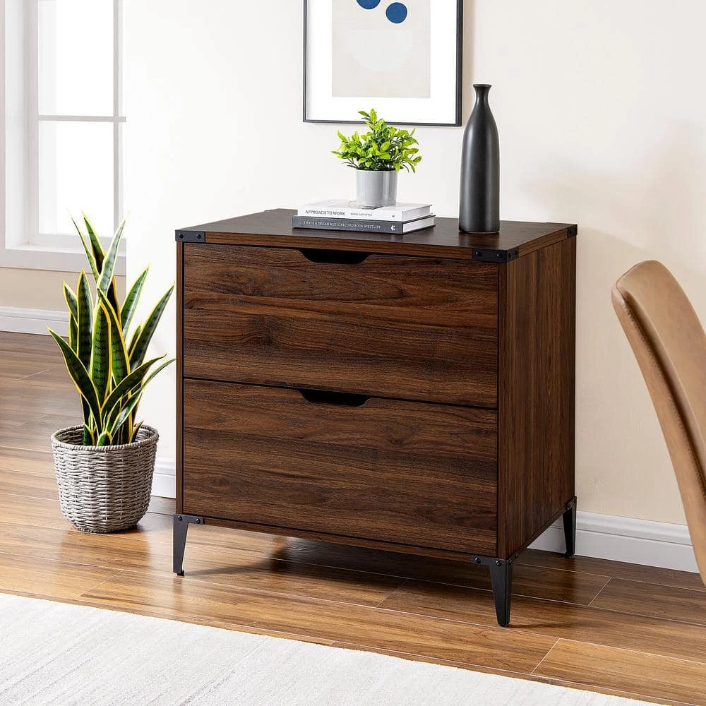 Dark Walnut Wood and Metal Urban Industrial 2-Drawer File Cabinet by Welwick Designs 1 Dark Walnut Wood and Metal Urban Industrial 2-Drawer File Cabinet by Welwick Designs