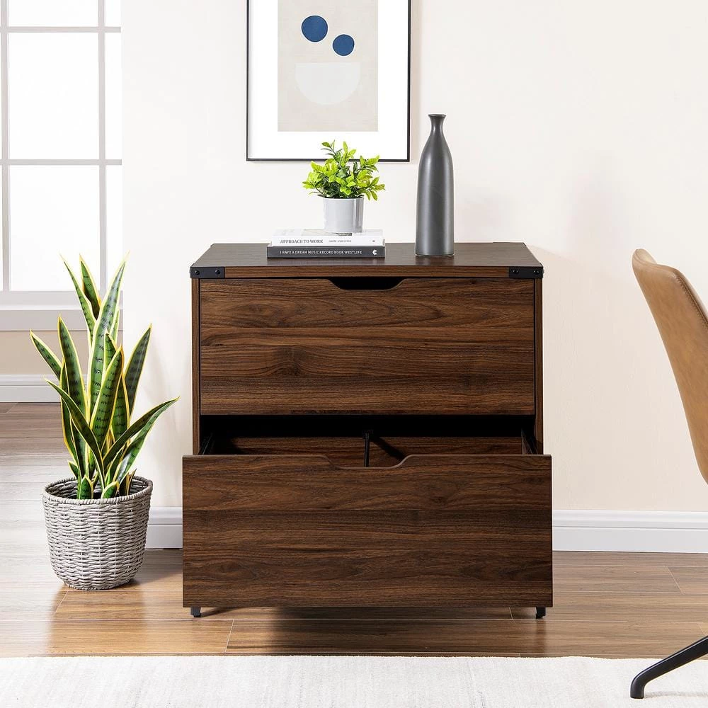 Dark Walnut Wood and Metal Urban Industrial 2-Drawer File Cabinet by Welwick Designs 2 Dark Walnut Wood and Metal Urban Industrial 2-Drawer File Cabinet by Welwick Designs - Image 2