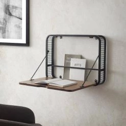 24 in. Dark Walnut Wood and Metal Floating Wall Mount Desk by Welwick Designs