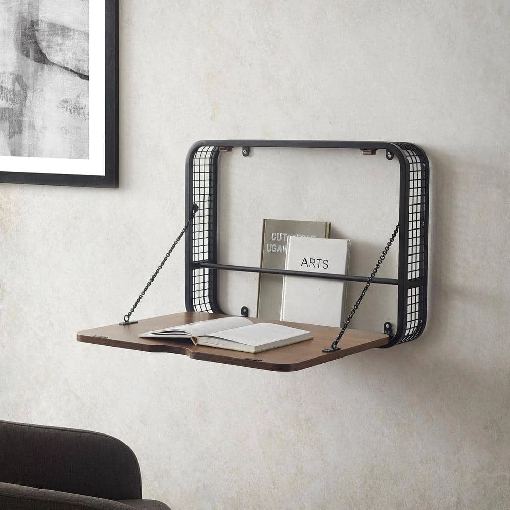 24 in. Dark Walnut Wood and Metal Floating Wall Mount Desk by Welwick Designs 1 24 in. Dark Walnut Wood and Metal Floating Wall Mount Desk by Welwick Designs