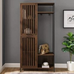 72 in. Dark Walnut Slat Door Metal and Wood Hall Tree by Welwick Designs