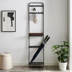 Dark Walnut Metal and Wood Hall Trees with Removable Umbrella Tray by Welwick Designs