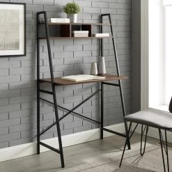 33 in. Dark Walnut Wood and Metal Ladder Desk with Cubbies by Welwick Designs