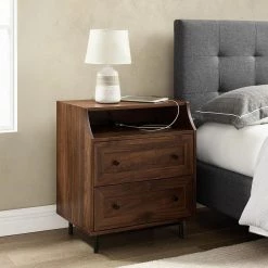 22 in W. 2-Drawer Dark Walnut Wood and Metal Nightstand with Mountable USB Port by Welwick Designs