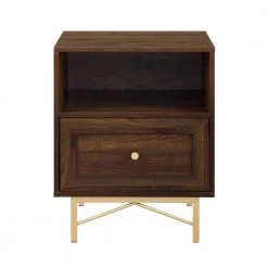 20 in. W.1 Drawer Dark Walnut Wood Nightstand with Gold Hardware by Welwick Designs