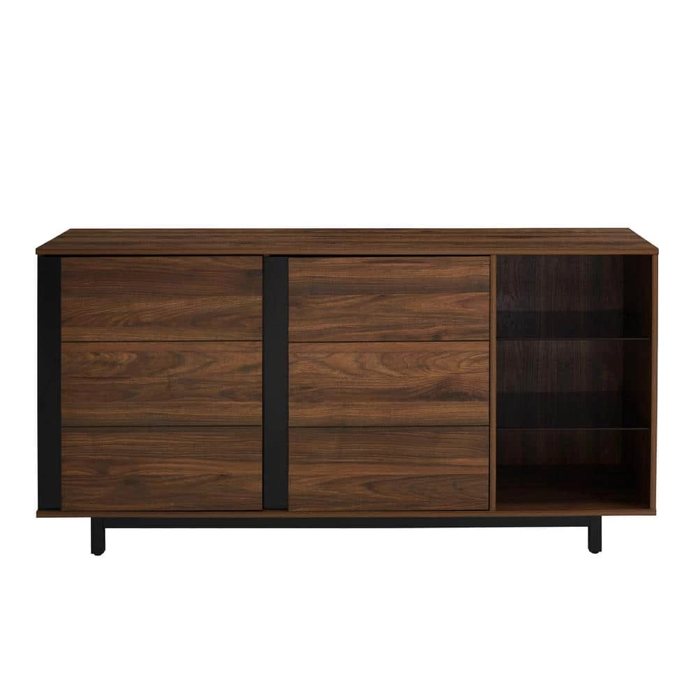 Dark Walnut Wood and Metal Contemporary Sideboard with Glass Shelves by Welwick Designs 6 Dark Walnut Wood and Metal Contemporary Sideboard with Glass Shelves by Welwick Designs - Image 6
