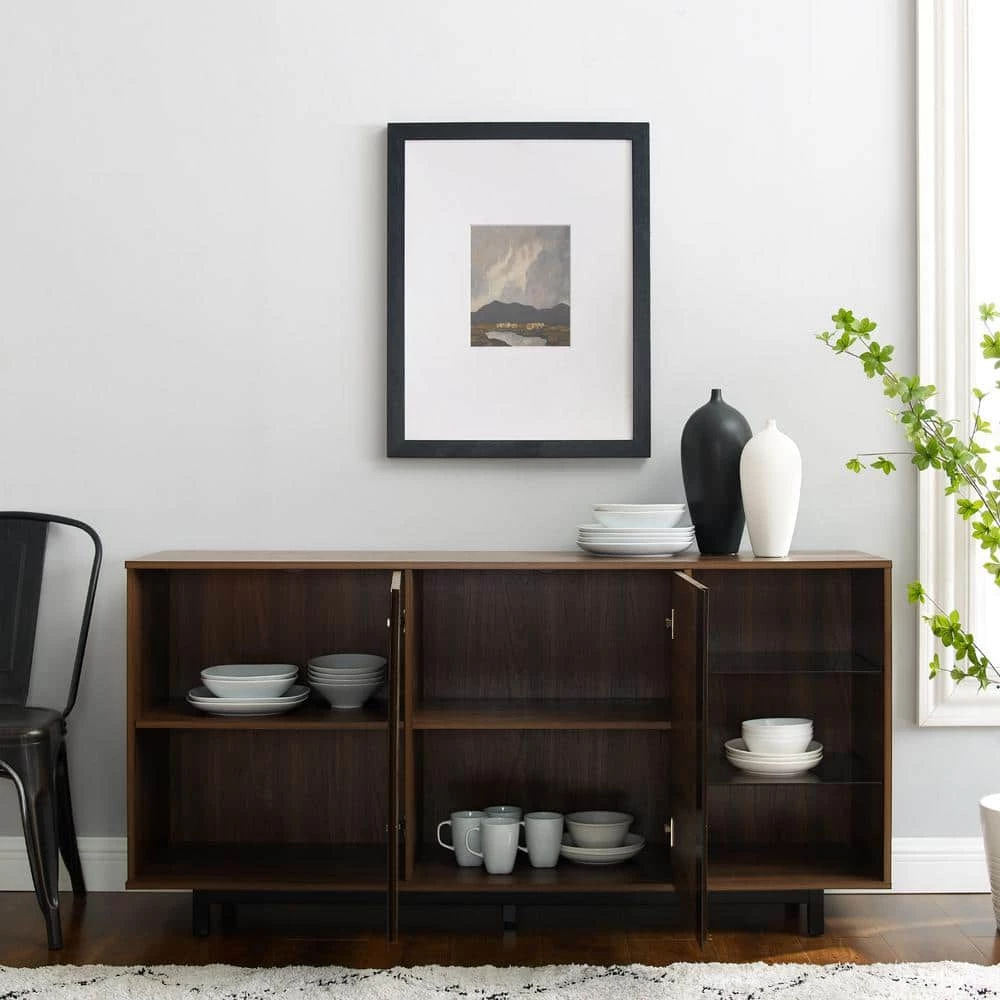 Dark Walnut Wood and Metal Contemporary Sideboard with Glass Shelves by Welwick Designs 4 Dark Walnut Wood and Metal Contemporary Sideboard with Glass Shelves by Welwick Designs - Image 4