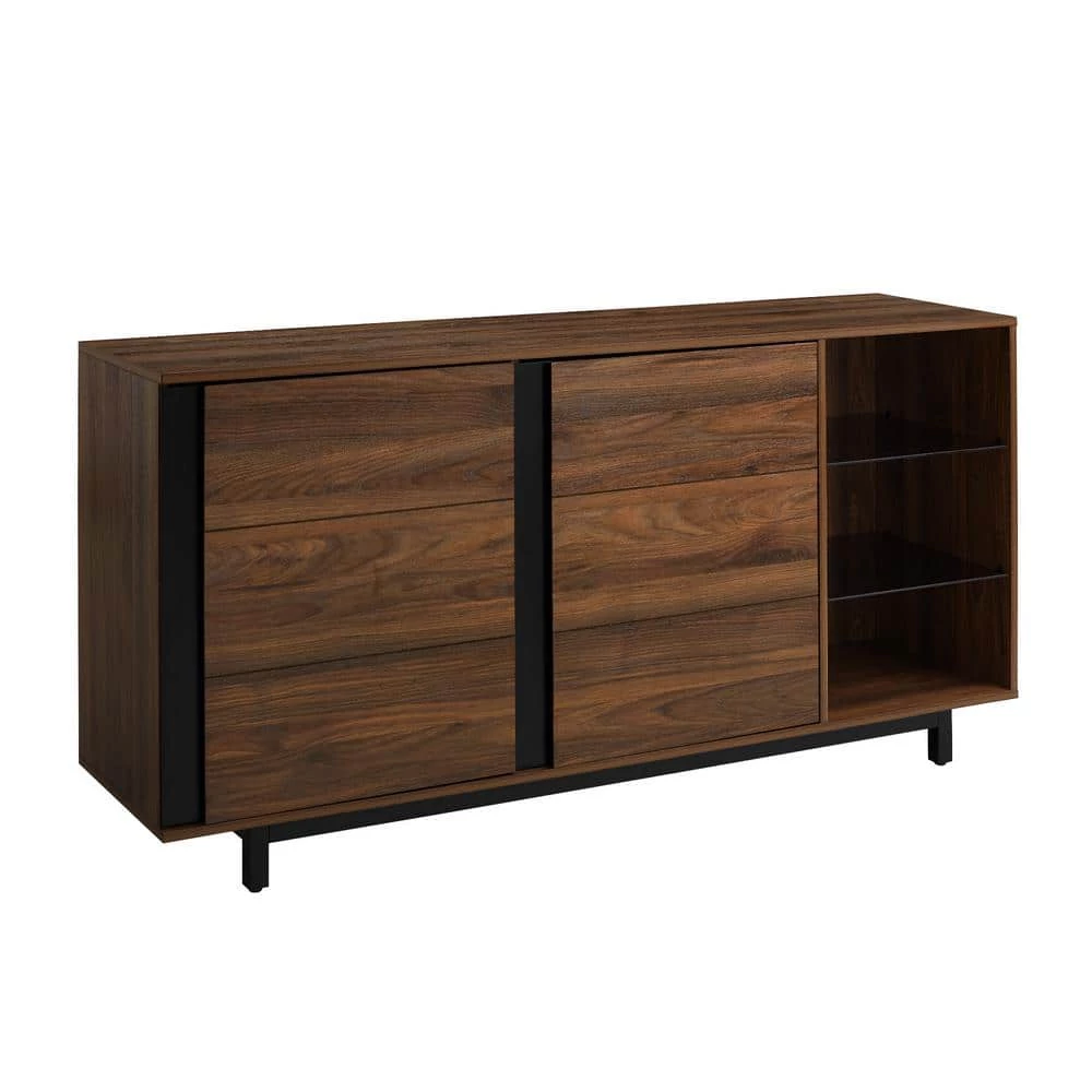 Dark Walnut Wood and Metal Contemporary Sideboard with Glass Shelves by Welwick Designs 2 Dark Walnut Wood and Metal Contemporary Sideboard with Glass Shelves by Welwick Designs - Image 2