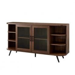 Dark Walnut Wood and Fluted Glass Mid-Century Modern Curved 2-Door Sideboard by Welwick Designs