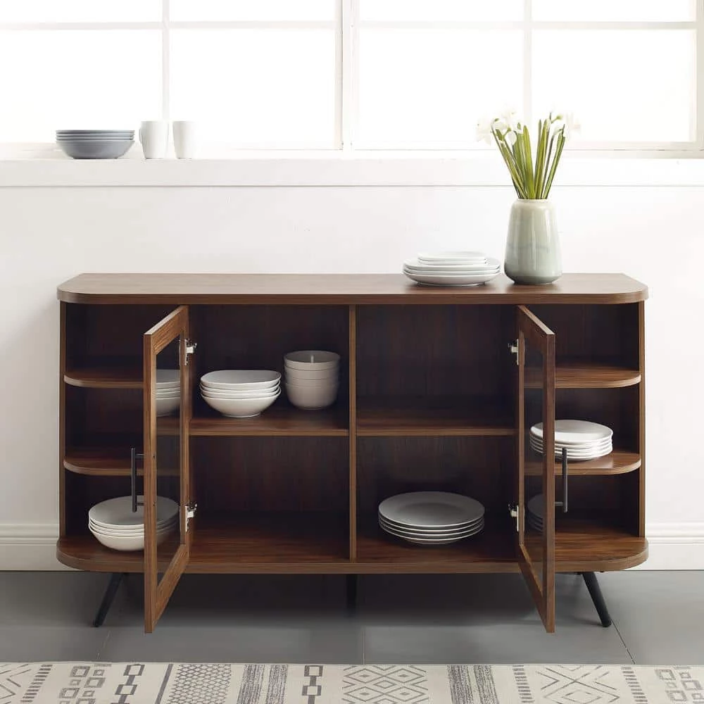 Dark Walnut Wood and Fluted Glass Mid-Century Modern Curved 2-Door Sideboard by Welwick Designs 4 Dark Walnut Wood and Fluted Glass Mid-Century Modern Curved 2-Door Sideboard by Welwick Designs - Image 4