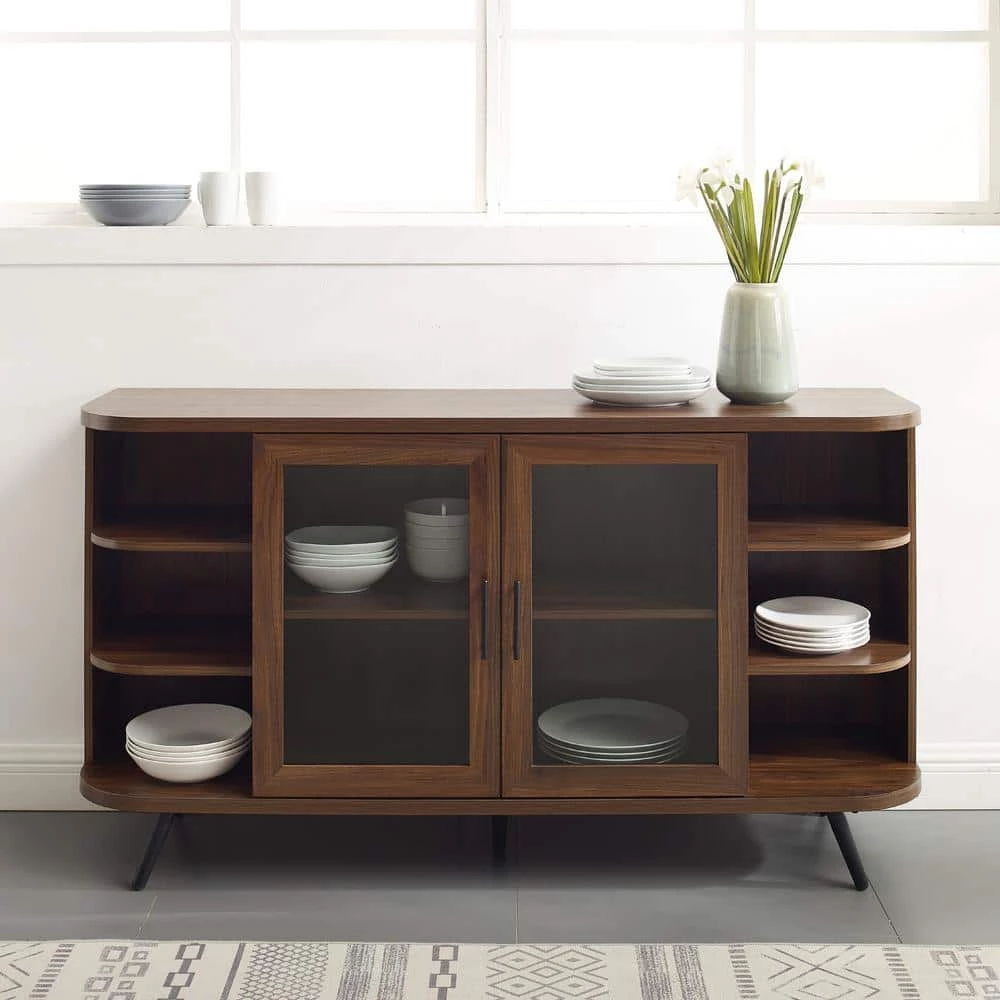 Dark Walnut Wood and Fluted Glass Mid-Century Modern Curved 2-Door Sideboard by Welwick Designs 5 Dark Walnut Wood and Fluted Glass Mid-Century Modern Curved 2-Door Sideboard by Welwick Designs - Image 5