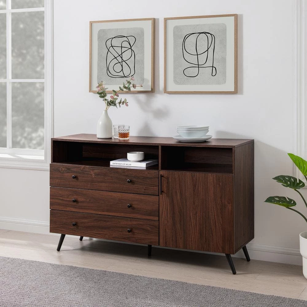 Dark Walnut Wood and Metal Modern 3-Drawer Sideboard with 1 Door by Welwick Designs 1 Dark Walnut Wood and Metal Modern 3-Drawer Sideboard with 1 Door by Welwick Designs