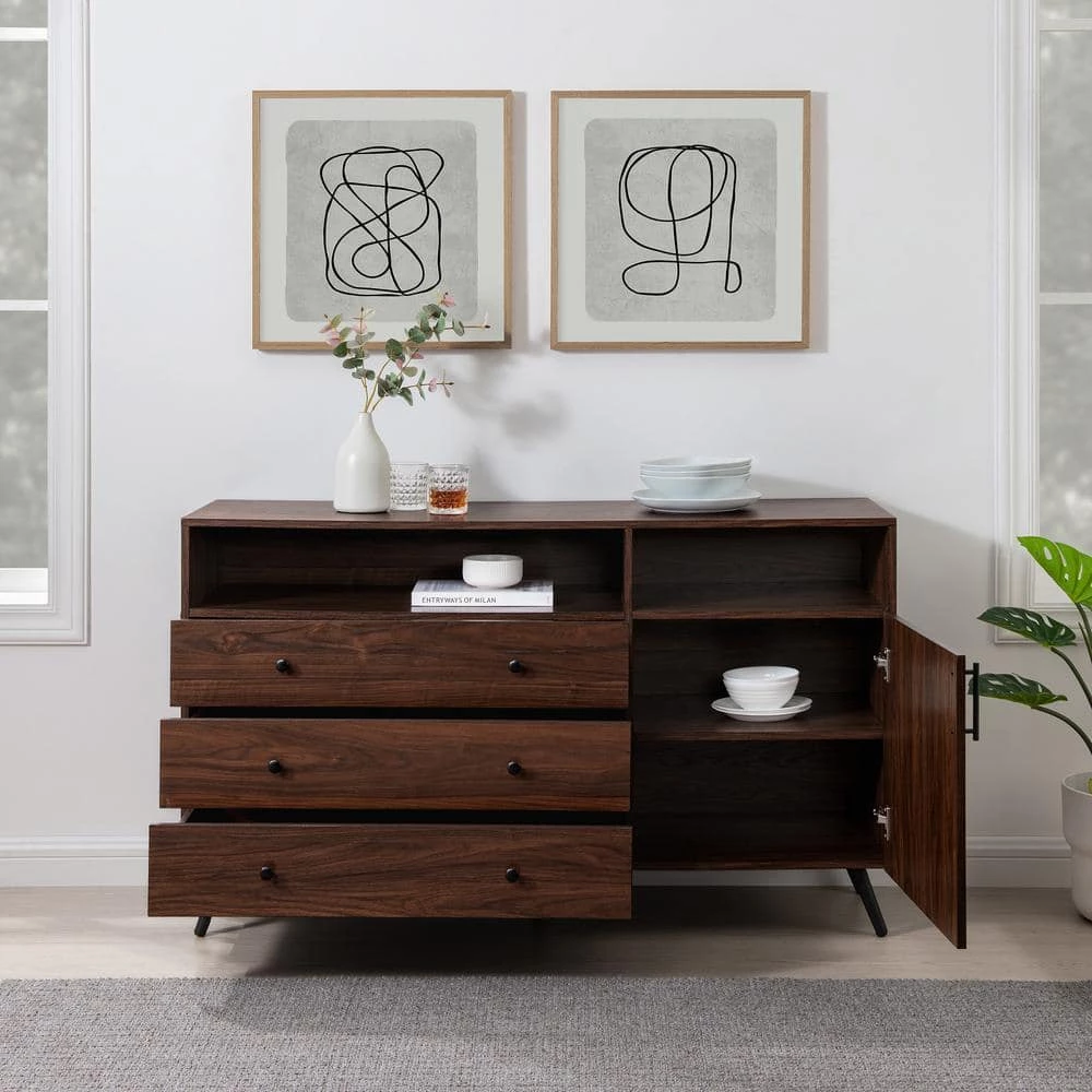 Dark Walnut Wood and Metal Modern 3-Drawer Sideboard with 1 Door by Welwick Designs 2 Dark Walnut Wood and Metal Modern 3-Drawer Sideboard with 1 Door by Welwick Designs - Image 2