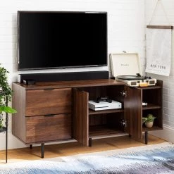 58 in. Dark Walnut Wood TV Stand with 2 Drawer Fits TVs Up to 64 in. with Storage Doors by Welwick Designs -Deals Welwick Designs Store dark walnut welwick designs tv stands hd8107 1d 1000