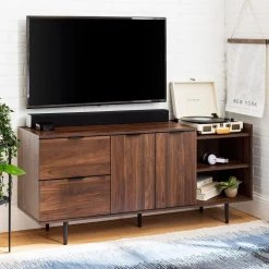 58 in. Dark Walnut Wood TV Stand with 2 Drawer Fits TVs Up to 64 in. with Storage Doors by Welwick Designs
