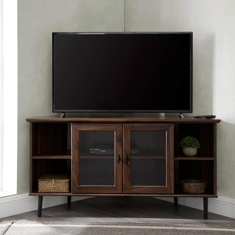 48 in. Dark Walnut Composite Corner TV Stand Fits TVs Up to 52 in. with Storage Doors by Welwick Designs 2 48 in. Dark Walnut Composite Corner TV Stand Fits TVs Up to 52 in. with Storage Doors by Welwick Designs - Image 2