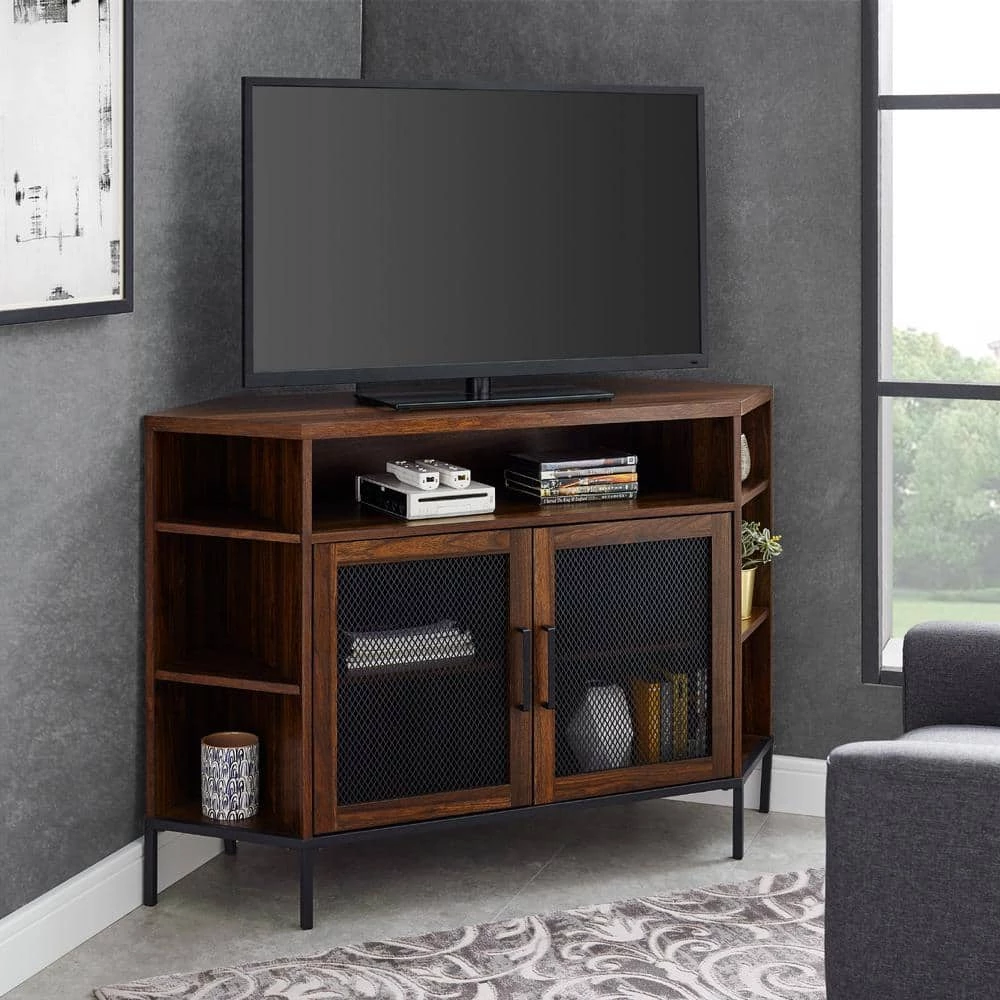 48 in. Dark Walnut Composite Corner TV Stand Fits TVs Up to 52 in. with Storage Doors by Welwick Designs 1 48 in. Dark Walnut Composite Corner TV Stand Fits TVs Up to 52 in. with Storage Doors by Welwick Designs