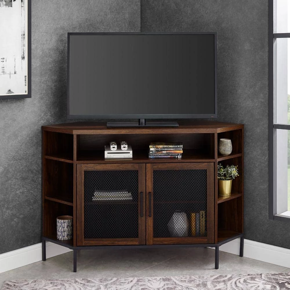 48 in. Dark Walnut Composite Corner TV Stand Fits TVs Up to 52 in. with Storage Doors by Welwick Designs 2 48 in. Dark Walnut Composite Corner TV Stand Fits TVs Up to 52 in. with Storage Doors by Welwick Designs - Image 2