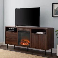 60 in. Dark Walnut Composite TV Stand with 2 Drawer Fits TVs Up to 66 in. with Electric Fireplace by Welwick Designs