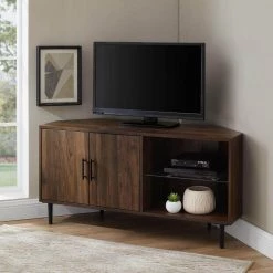 48 in. Dark Walnut Composite Corner TV Stand with adjustable shelves and doors (Max tv size 50 in.) by Welwick Designs