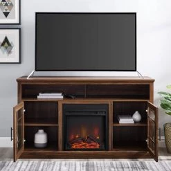 58 in. Dark Walnut Wood and Glass Windowpane TV Stand Fits TVs up to 65 in. with Electric Fireplace by Welwick Designs -Deals Welwick Designs Store dark walnut welwick designs tv stands hd8743 1d 1000