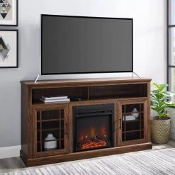 58 in. Dark Walnut Wood and Glass Windowpane TV Stand Fits TVs up to 65 in. with Electric Fireplace by Welwick Designs