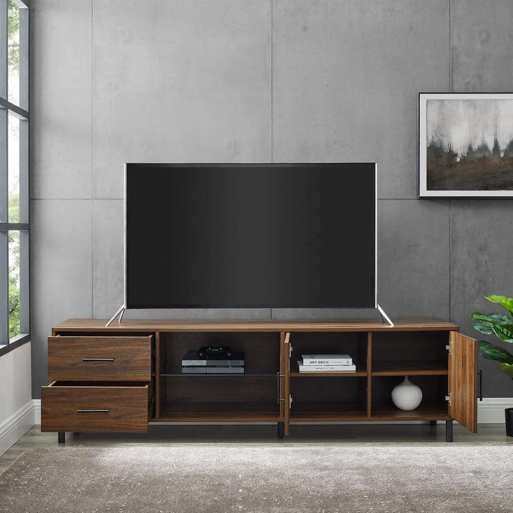 70 in. Dark Walnut Wood and Metal TV Stand with 2-Drawers and Cord Management (Max tv size 85 in.) by Welwick Designs 5 70 in. Dark Walnut Wood and Metal TV Stand with 2-Drawers and Cord Management (Max tv size 85 in.) by Welwick Designs - Image 5