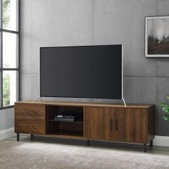 70 in. Dark Walnut Wood and Metal TV Stand with 2-Drawers and Cord Management (Max tv size 85 in.) by Welwick Designs