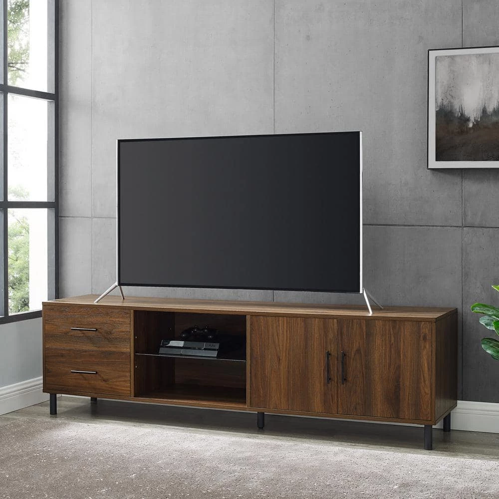 70 in. Dark Walnut Wood and Metal TV Stand with 2-Drawers and Cord Management (Max tv size 85 in.) by Welwick Designs 1 70 in. Dark Walnut Wood and Metal TV Stand with 2-Drawers and Cord Management (Max tv size 85 in.) by Welwick Designs
