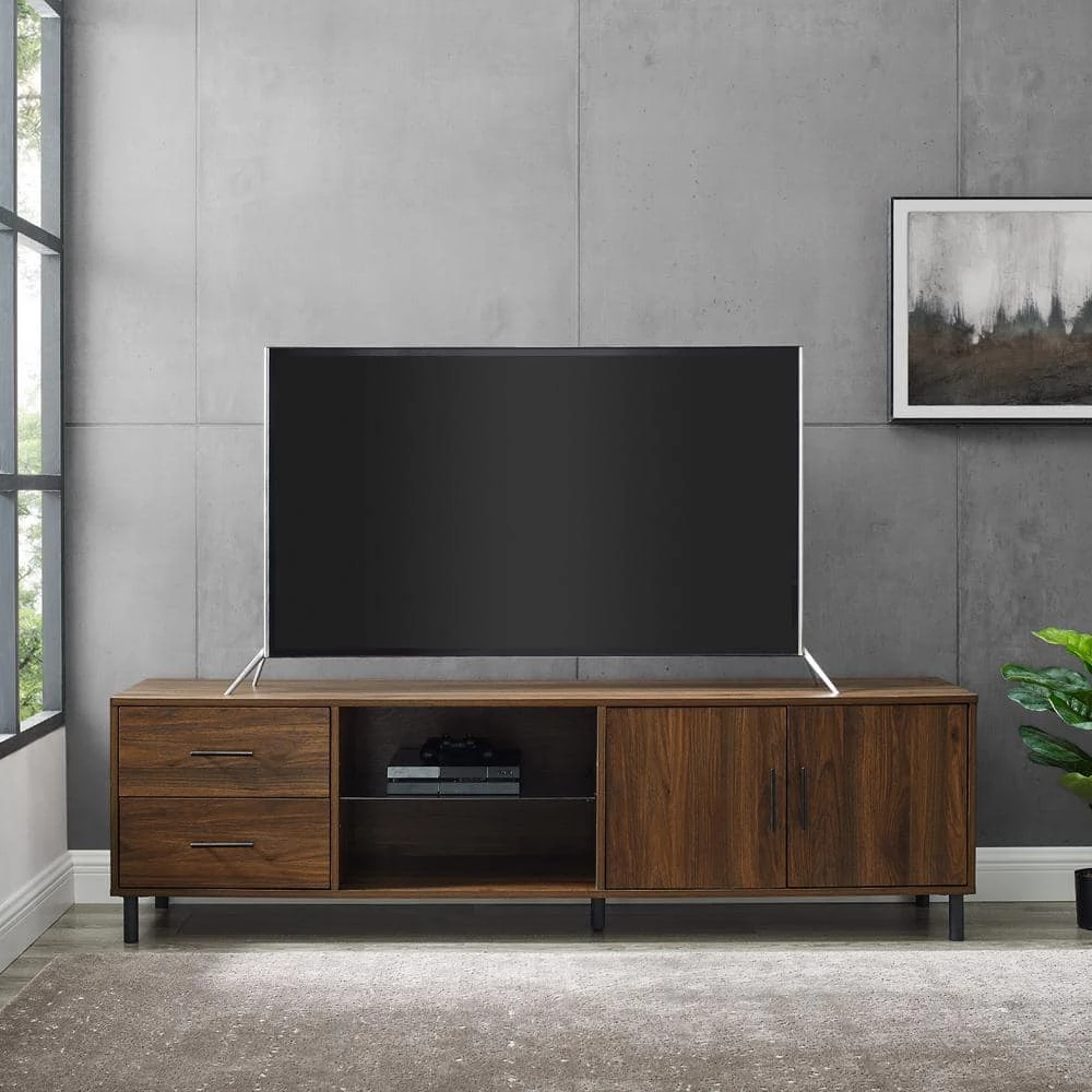 70 in. Dark Walnut Wood and Metal TV Stand with 2-Drawers and Cord Management (Max tv size 85 in.) by Welwick Designs 2 70 in. Dark Walnut Wood and Metal TV Stand with 2-Drawers and Cord Management (Max tv size 85 in.) by Welwick Designs - Image 2
