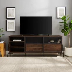 70 in. Dark Walnut Wood and Metal TV Stand with Sliding Metal Mesh Doors (Max tv size 80 in.) by Welwick Designs -Deals Welwick Designs Store dark walnut welwick designs tv stands hd8859 1d 1000