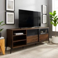 70 in. Dark Walnut Wood and Metal TV Stand with Sliding Metal Mesh Doors (Max tv size 80 in.) by Welwick Designs