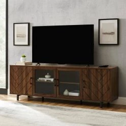 70 in. Dark Walnut Wood and Glass Modern Herringbone TV Stand with 4-Drawers (Max tv size 80 in.) by Welwick Designs