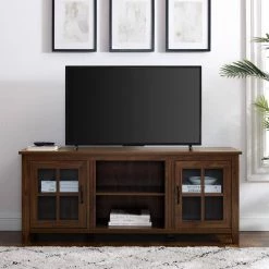 58 in. Dark Walnut Wood and Glass Farmhouse TV Stand with 2 Window Pane Doors Fits TVs up to 65 in. by Welwick Designs -Deals Welwick Designs Store dark walnut welwick designs tv stands hd9040 31 1000