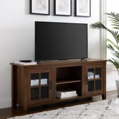 58 in. Dark Walnut Wood and Glass Farmhouse TV Stand with 2 Window Pane Doors Fits TVs up to 65 in. by Welwick Designs -Deals Welwick Designs Store dark walnut welwick designs tv stands hd9040 76 1000