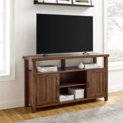 58 in. Dark Walnut Wood Transitional Farmhouse Grooved-Door TV Stand Fits TVs up to 65 in. by Welwick Designs
