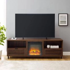 70 in. Dark Walnut Wood Modern Boho Slat-Door Fireplace TV Stand Fits TVs up to 80 in. by Welwick Designs -Deals Welwick Designs Store dark walnut welwick designs tv stands hd9174 31 1000