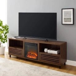 70 in. Dark Walnut Wood Modern Boho Slat-Door Fireplace TV Stand Fits TVs up to 80 in. by Welwick Designs