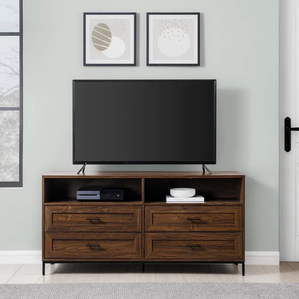 56 in. Dark Walnut Wood Modern TV Stand with 4 Drawers with Cable Management (Max tv size 60 in.) by Welwick Designs 10 56 in. Dark Walnut Wood Modern TV Stand with 4 Drawers with Cable Management (Max tv size 60 in.) by Welwick Designs - Image 10