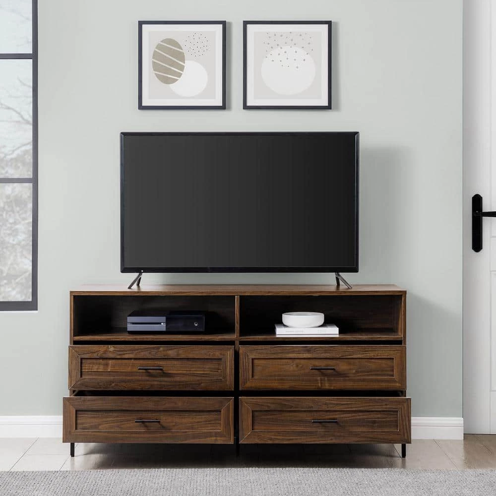56 in. Dark Walnut Wood Modern TV Stand with 4 Drawers with Cable Management (Max tv size 60 in.) by Welwick Designs 2 56 in. Dark Walnut Wood Modern TV Stand with 4 Drawers with Cable Management (Max tv size 60 in.) by Welwick Designs - Image 2