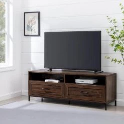 56 in. Dark Walnut Wood Modern TV Stand with 2 Drawers with Cable Management (Max tv size 60 in.) by Welwick Designs -Deals Welwick Designs Store dark walnut welwick designs tv stands hd9210 31 1000